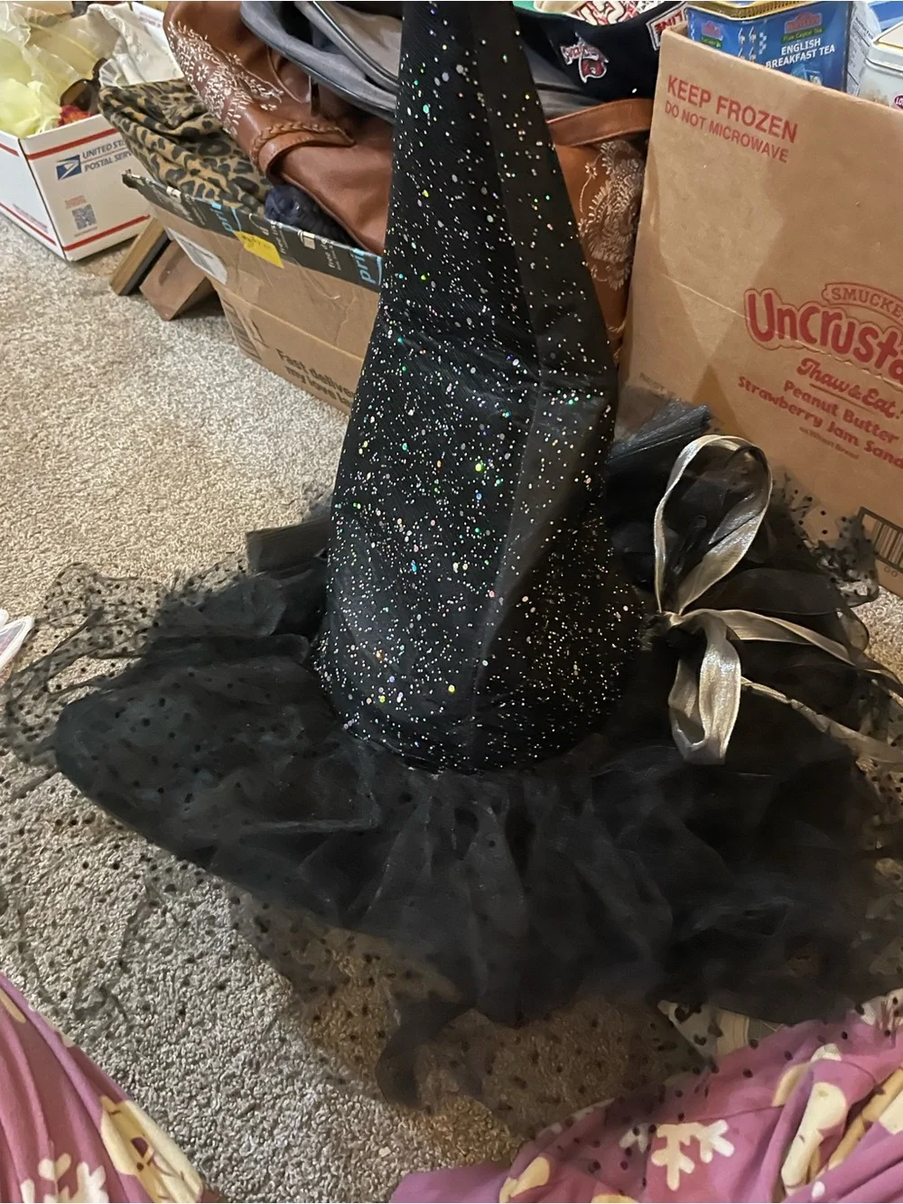 Spirit Black Glitter Witch Hat with Ribbon Bow adult size